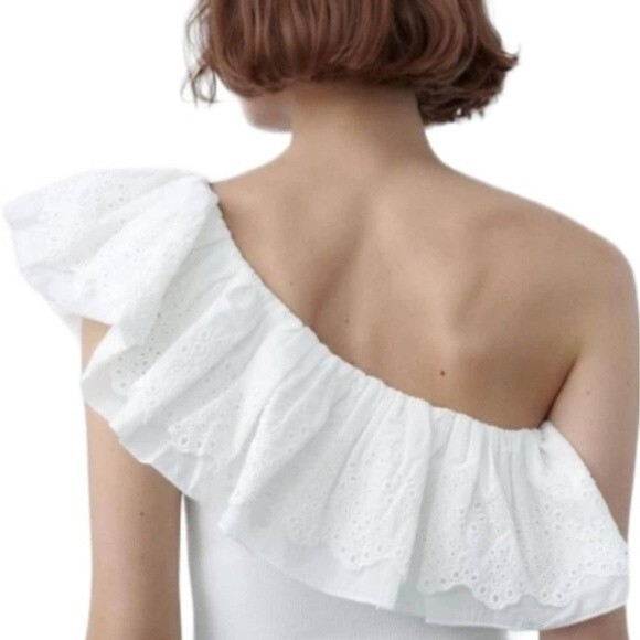 Zara One Shoulder Ruffle Bodysuit Stretch One Piece Top White (Size S) - Picture 2 of 11